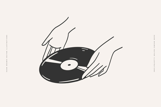 Hands are holding a vinyl record. Hand-drawn illustration.