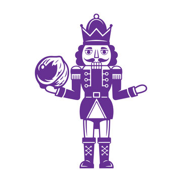 A purple silhouette of a traditional wooden nutcracker soldier holding a large nut, isolated on a white background, christmas holiday