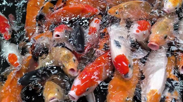 Vibrant spectacle of numerous colorful koi fish actively feeding in a bustling pond, creating a mesmerizing aquatic display of aquatic life and natural beauty