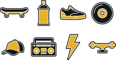 Collection of eight street culture including skateboard spray can sneaker and boombox symbols © MD