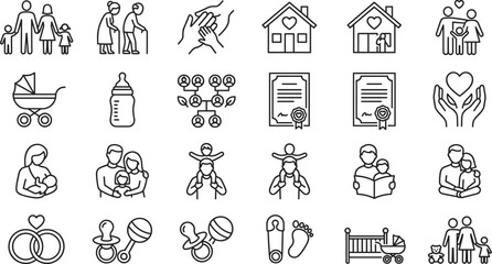Fototapeta premium Family and parenting outline icon set with parents children grandparents house family tree certificate baby stroller and rattle vectors