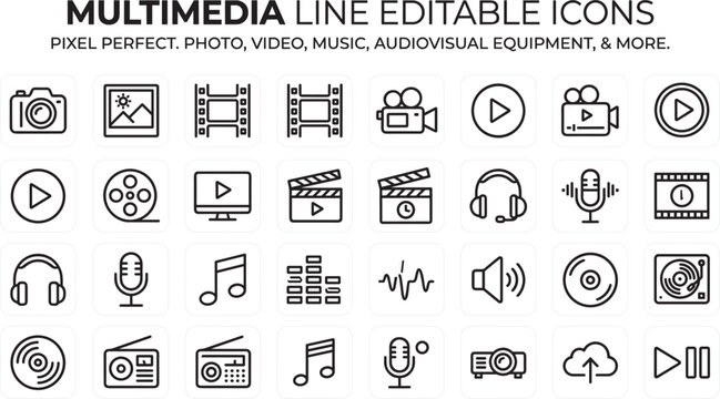 Multimedia and audiovisual line icon set with camera video music microphone headphones player clapperboard and radio vectors
