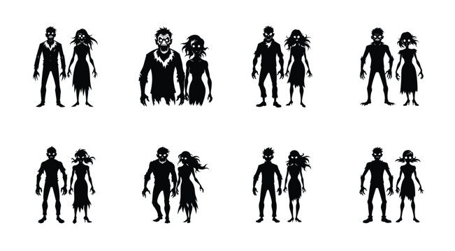Collection of black silhouette zombie couples in various poses