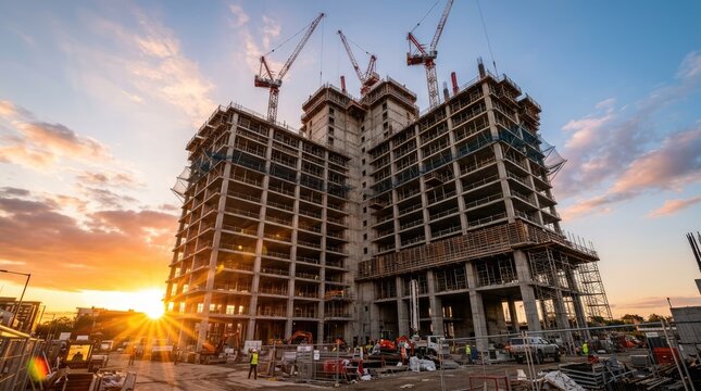 Construction site with multiple highrise buildings under development at sunset with cranes and workers on site