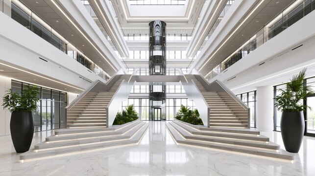 Modern corporate office atrium with grand staircase glass elevator and bright contemporary architecture