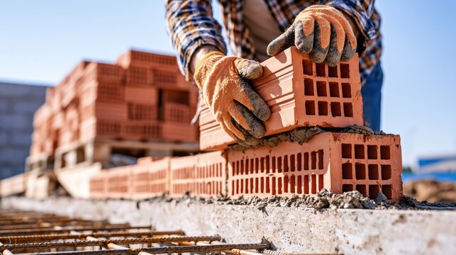 Construction worker laying hollow clay bricks for residential building on active construction site