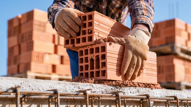 Construction worker laying hollow clay bricks on residential building site during house construction