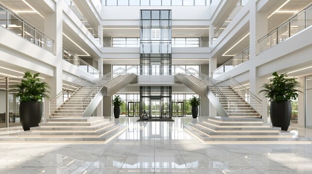 Modern corporate office lobby with grand staircase glass elevator and bright open atrium