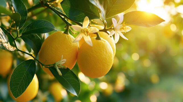 Ripe yellow lemons growing on citrus tree with blossoms in golden morning sunlight