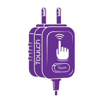 Purple power adapter plug with touch sensor symbol and wireless signal, isolated on a white background, for technology concepts