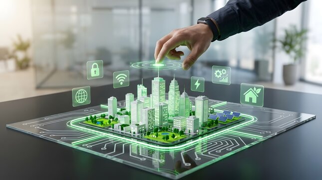 Smart city technology management concept showing hand interacting with holographic urban model and digital infrastructure icons