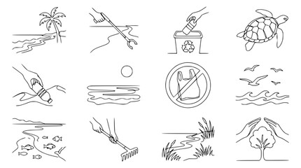Fototapeta premium Environmental protection icons: beach cleanup, ocean pollution, recycling, nature conservation, sea turtle