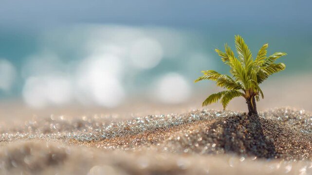 A small palm tree sprouts from the sandy dunes with sparkling crystals.