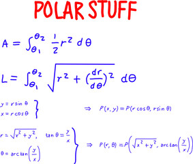 Polar coordinate formulas and calculus equations for area, arc length, and coordinate conversion, presented as clear educational mathematics notes. © Akmalmm 
