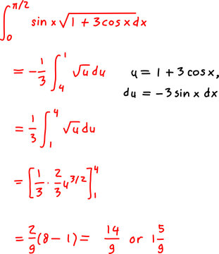 Step-by-step calculus solution showing definite integral evaluation using substitution, trigonometric functions, and algebraic simplification on white.