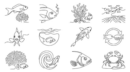 Continuous Line Drawing: Aquatic Life Collection - Fish, Coral, Crab, Ocean Elements © Qita