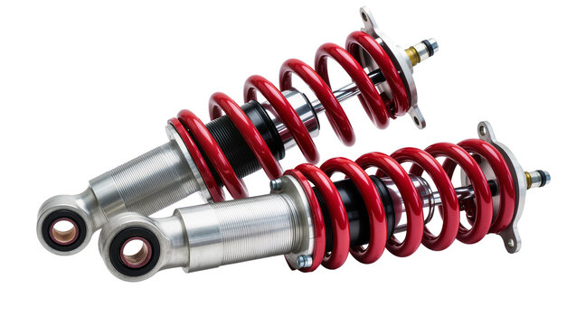 Isolated premium car suspension coilovers with bright red springs and silver adjustable bodies