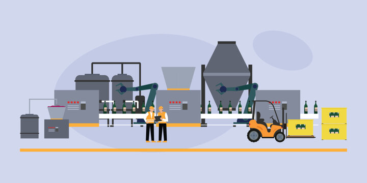 Automated Winery Production Line and Wine Bottling Factory with Workers 2d flat vector illustration