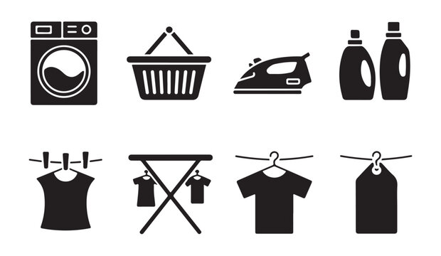Laundry service icons featuring washing machine clothesline hanger and detergent bottles set.