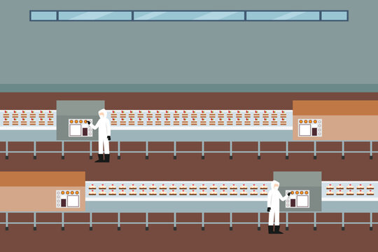 Automated Cake Production Line and Bakery Factory Interior 2d flat vector illustration