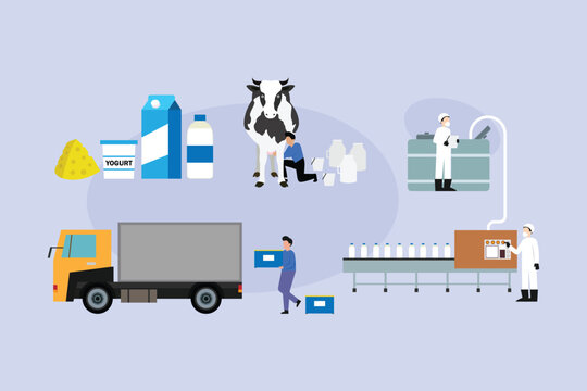 Dairy Farm and Milk Production Factory Process 2d flat vector illustration