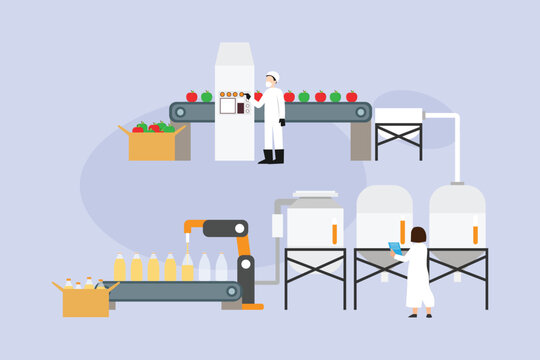 Automated fruit juice production line. Industrial apple beverage factory with conveyor belts, processing tanks, robotic arm, and workers. 2d flat vector illustration