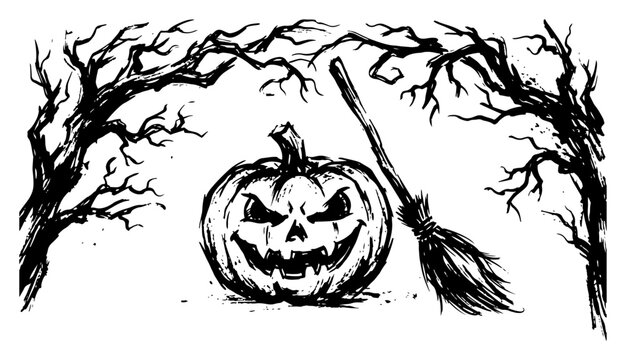 Halloween jack o lantern pumpkin between spooky dead trees and broomstick in dark ink sketch style