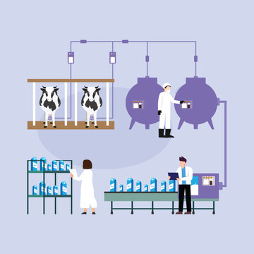 Automated Milk Processing Plant and Dairy Production Line 2d flat vector illustration