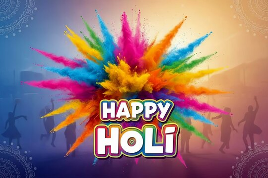 Happy Holi Typography Text with Vibrant Multicolor Powder Explosion Representing Indian Culture Traditional Spring Festival of Colors