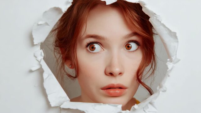 A young woman with red hair and blue eyes is poking her head through a large circular cutout in a white surface. She looks surprised or shocked as she gazes off to the side.