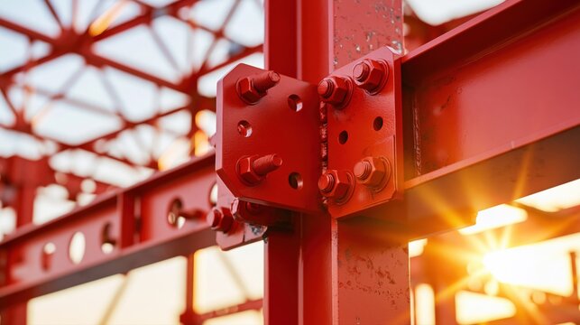 Structural steel beam connection with bolted joint for industrial construction and engineering
