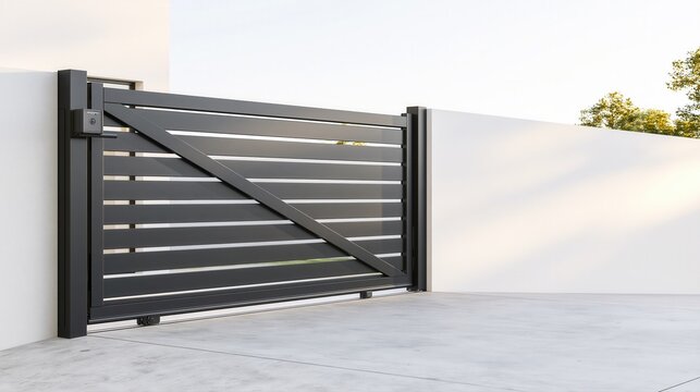 Modern aluminum swing gate with diagonal frame design at contemporary private house entrance