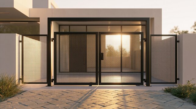 Modern glass entrance with aluminum frame at contemporary residential house in evening sunlight