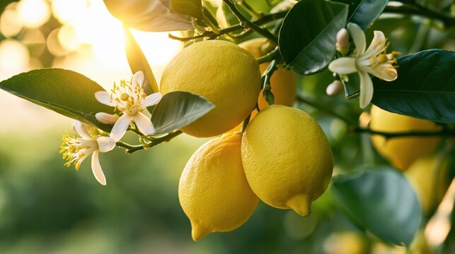 Fresh ripe lemons growing on citrus tree branch with blossoms in warm golden sunlight