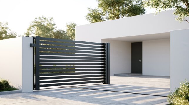 Modern aluminum sliding gate at contemporary private house with minimalist residential architecture