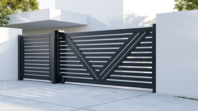 Modern aluminum driveway gate with geometric design at contemporary private house entrance