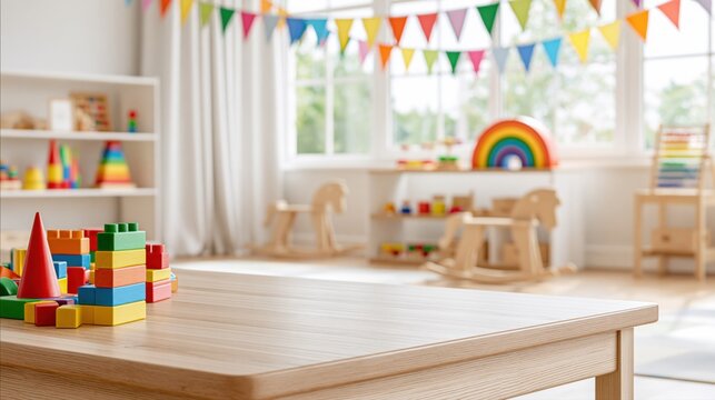 Wooden tabletop in bright kindergarten classroom with colorful toys for product display and education banner