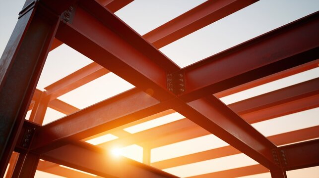 Structural steel framework with sunlight for industrial construction engineering and architecture banner