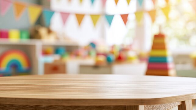 Wooden tabletop with blurred kindergarten classroom background for product display and education banner