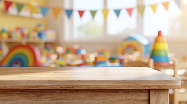 Wooden table with blurred colorful kindergarten classroom background and copy space for product display