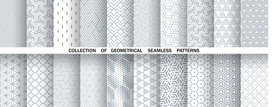 Geometric set of seamless gray and white patterns. Simple vector graphics