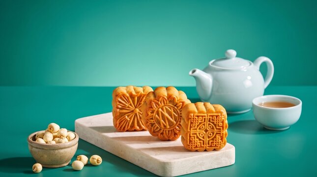 Traditional Mooncakes with White Tea Set for Mid-Autumn Festival Family Celebration