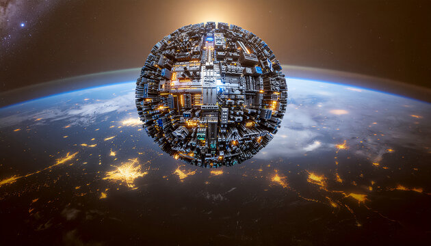 Futuristic cityscape symbolizing technological progress and urban innovation of a planet-city, science fiction aesthetics with advanced civilization, giant thermal towers emitting energy into space