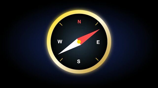 Animated Compass Pointing North, South, East, and West on a Dark Background.