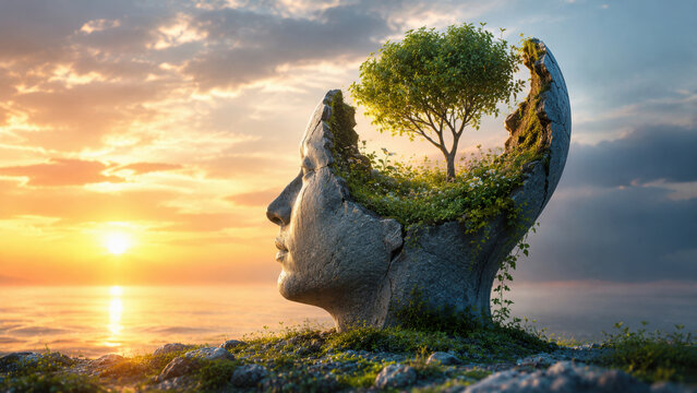 Mental health concept with human head growing tree on serene landscape