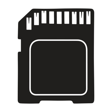 Black and white of a digital sd memory card with gold contacts and a square central area isolated on a white background