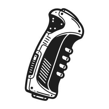 Black and white of a handheld joystick or controller grip with buttons and textured side panels on a white background
