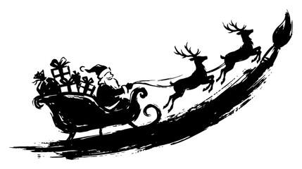 Santa Claus in sleigh pulled by reindeer with gifts flying hand drawn ink sketch style © Logan