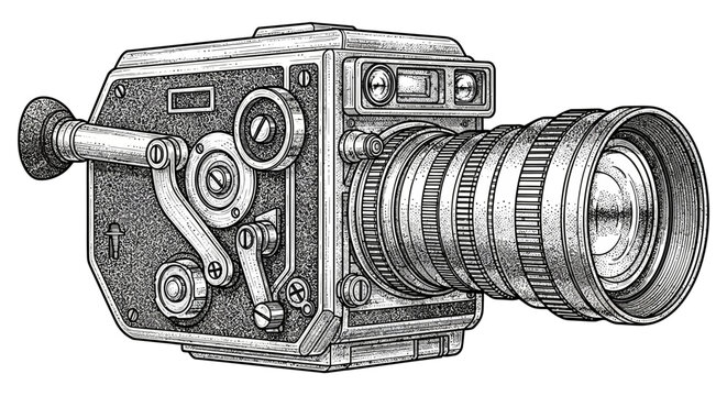 Vintage film camera illustration in black and white.