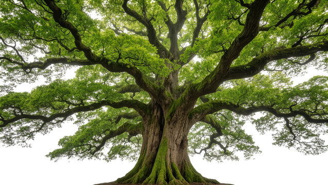 Isolated majestic ancient oak tree with vibrant green leaves and moss-covered gnarled branches